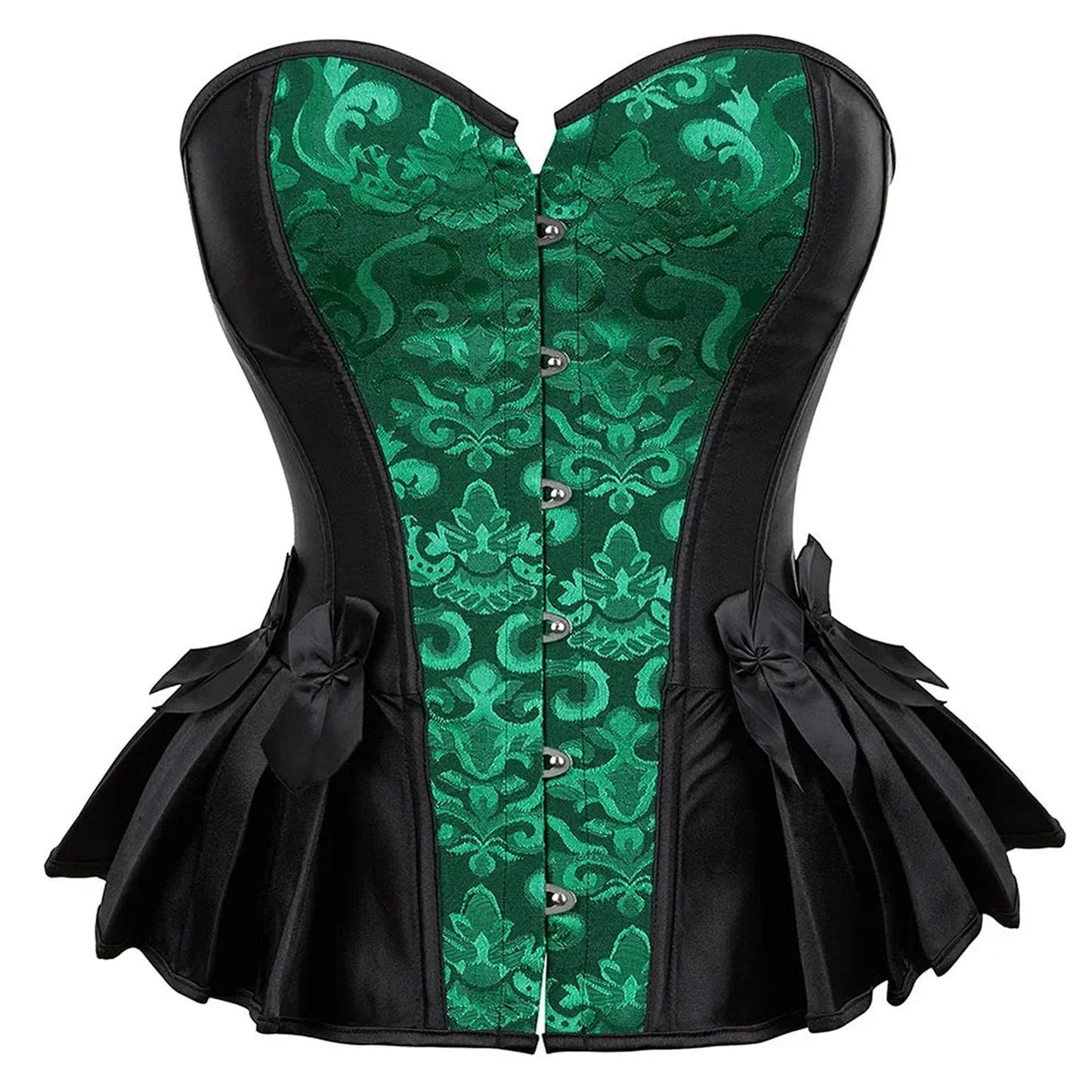 LuckeLadybug Victorian corset top for women in green and black with decorative buttons and satin bows
