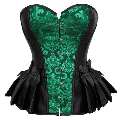 LuckeLadybug Victorian corset top for women in green and black with decorative buttons and satin bows
