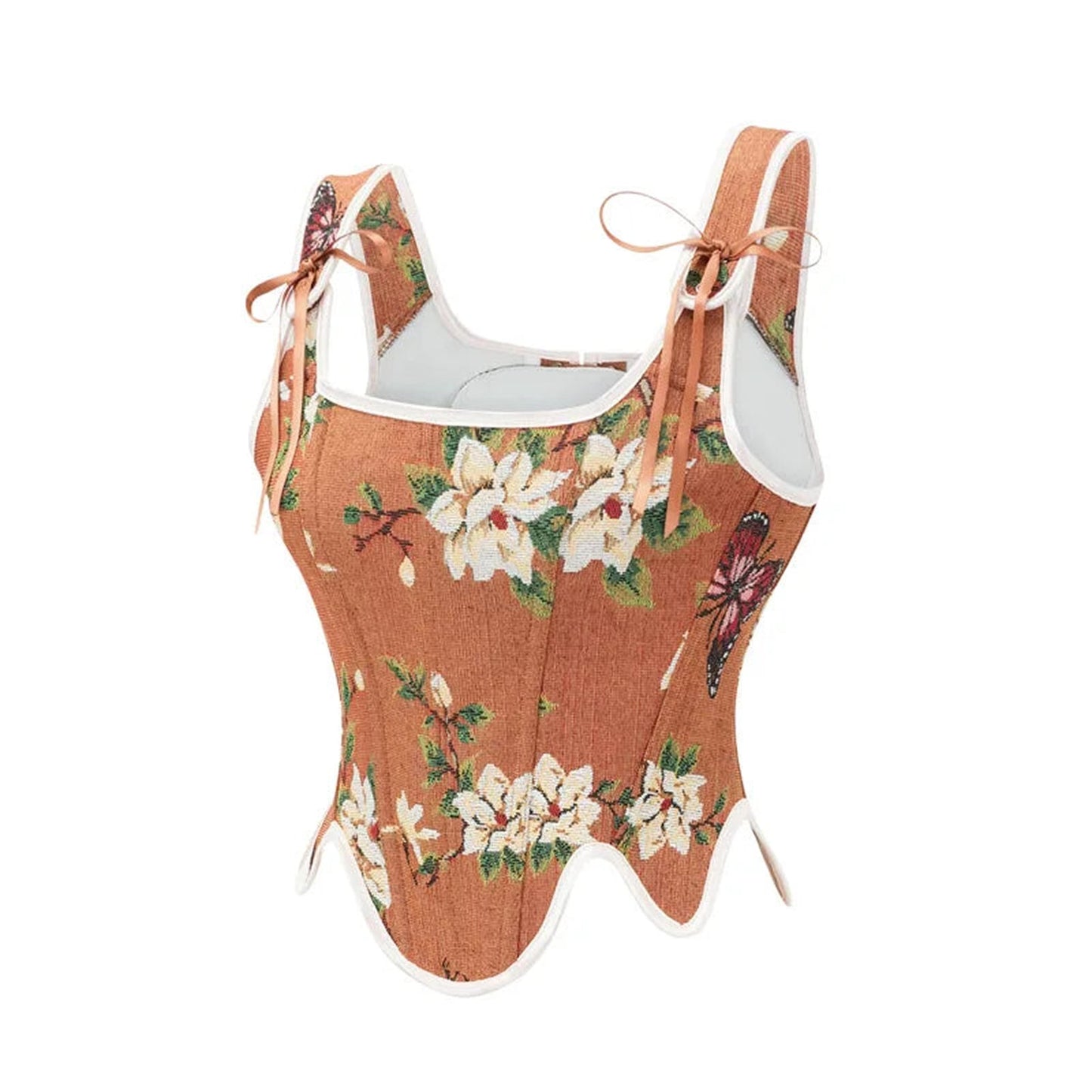 LuckeLadybug LLC Victorian corset top for women in floral print with adjustable straps