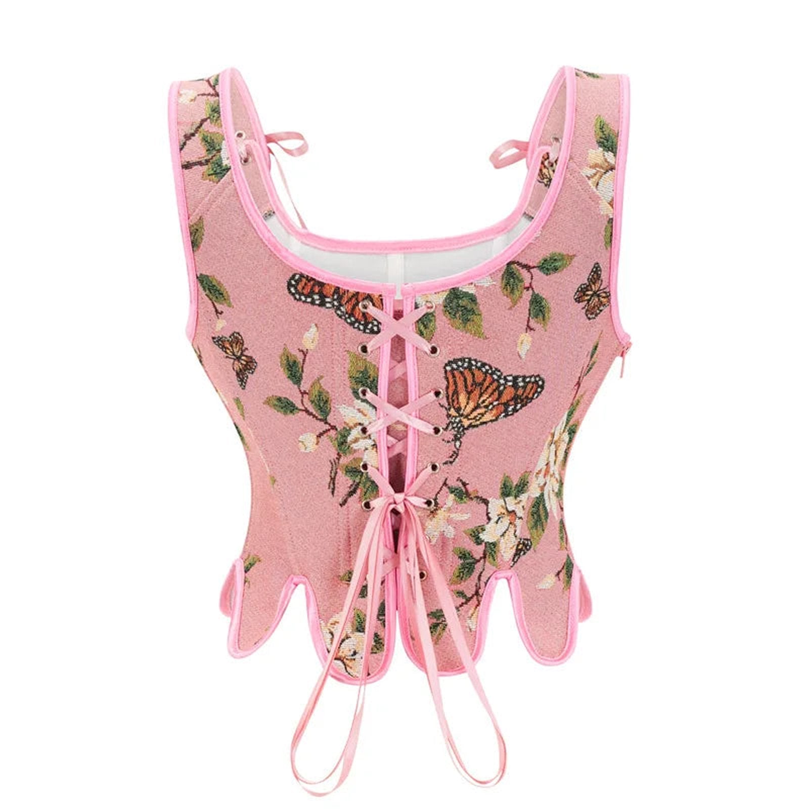 LuckeLadybug LLC Victorian corset top for women with floral and butterfly design in pink