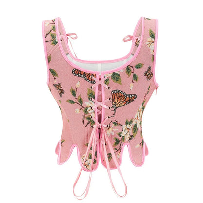 LuckeLadybug LLC Victorian corset top for women with floral and butterfly design in pink