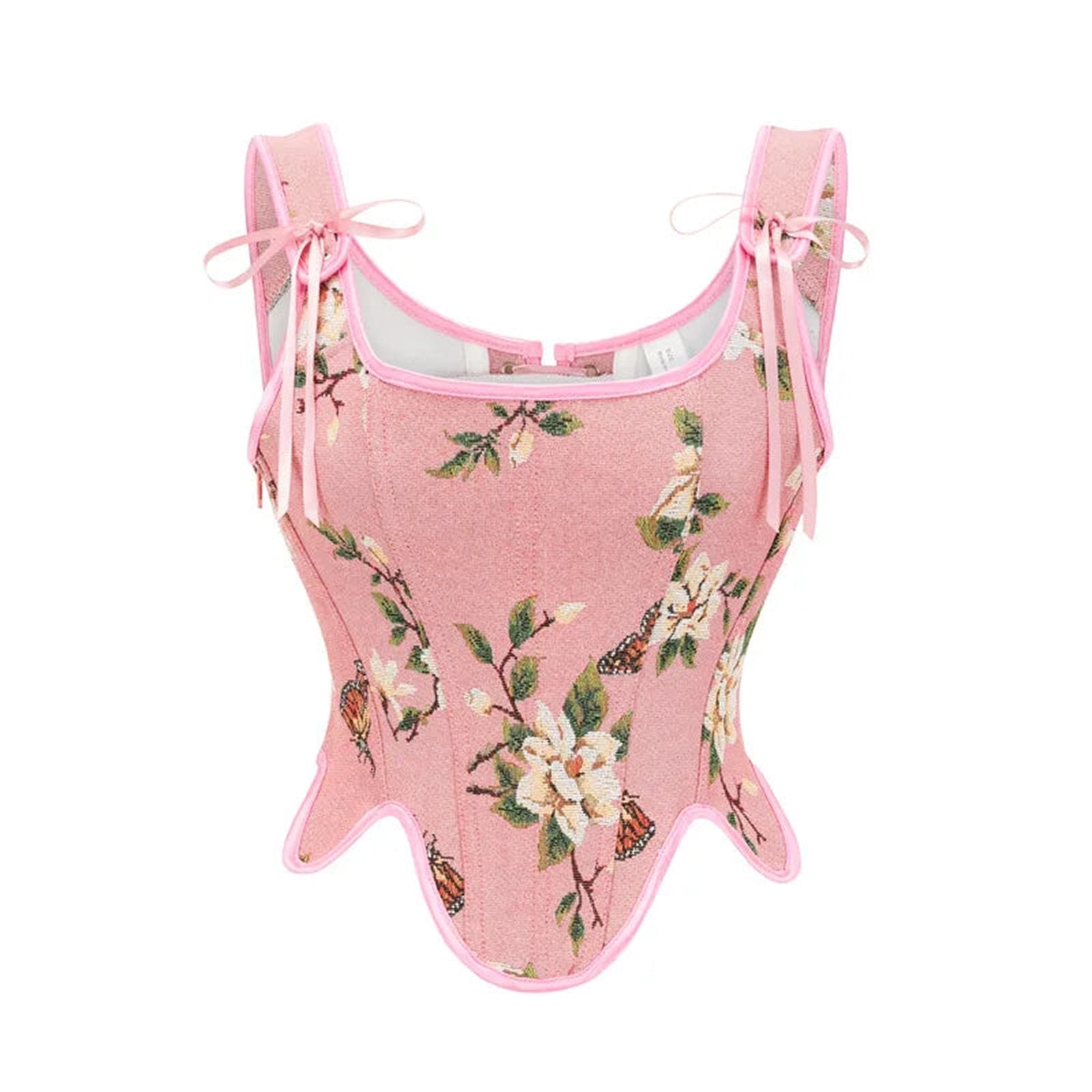 LuckeLadybug Women's Victorian corset top with floral design and pink accents