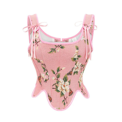 LuckeLadybug Women's Victorian corset top with floral design and pink accents