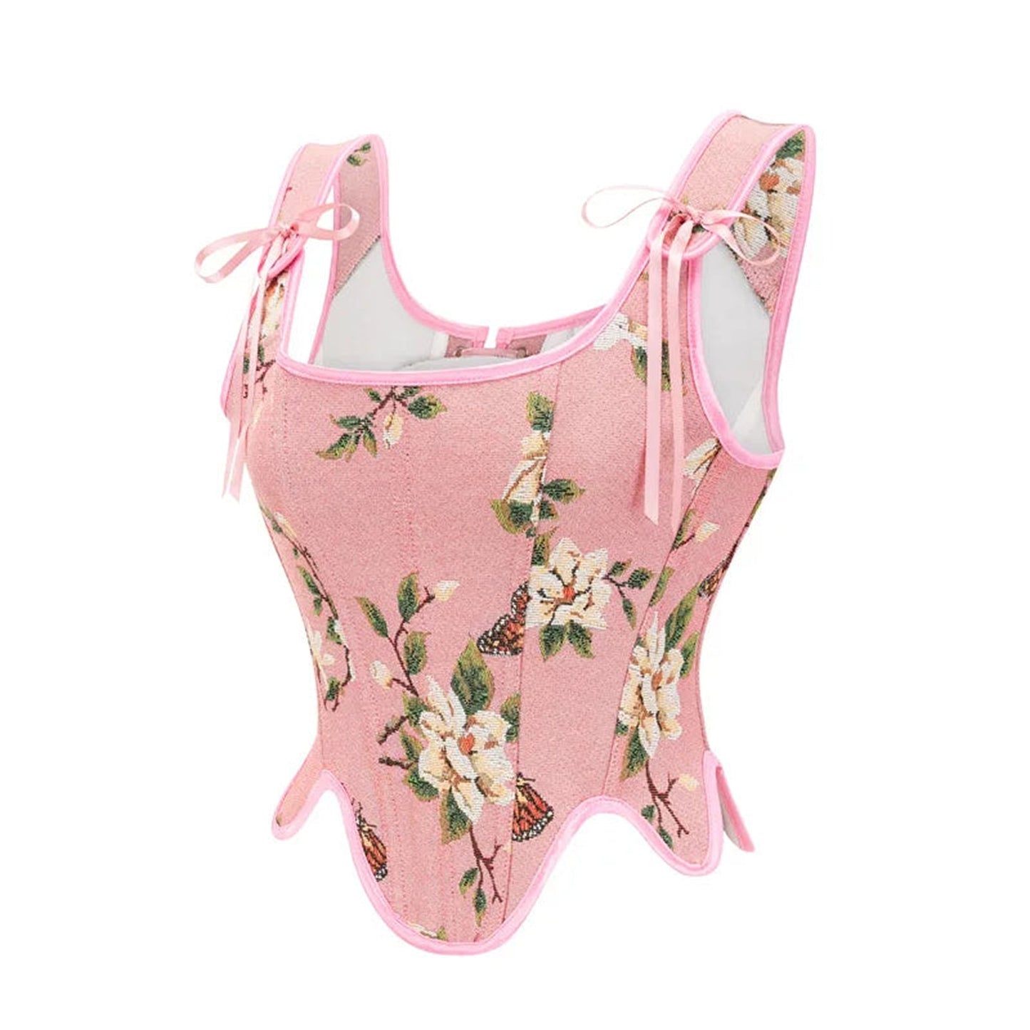 LuckeLadybug LLC Victorian corset top for women in pink floral design with bow accents