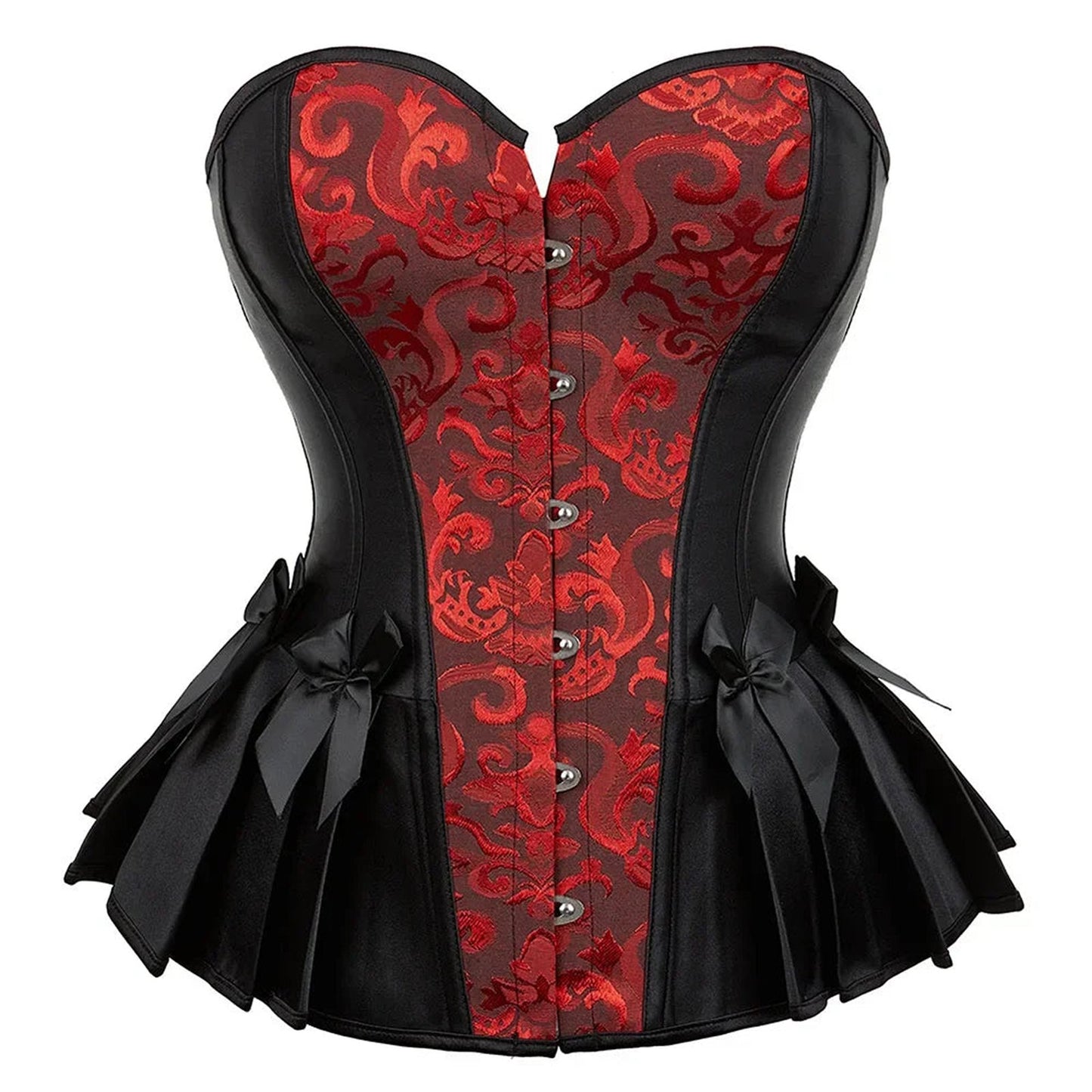 LuckeLadybug LLC Victorian corset top for women with red and black floral design and lace-up front