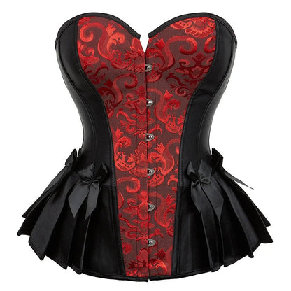 LuckeLadybug LLC Victorian corset top for women with red and black floral design and lace-up front