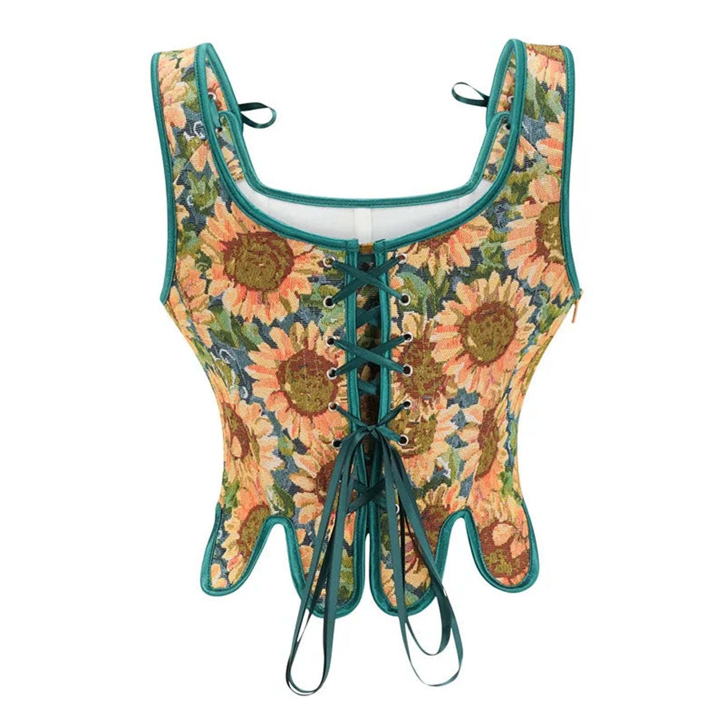 Floral Victorian corset top for women with sunflower print and lace-up design by LuckeLadybug LLC