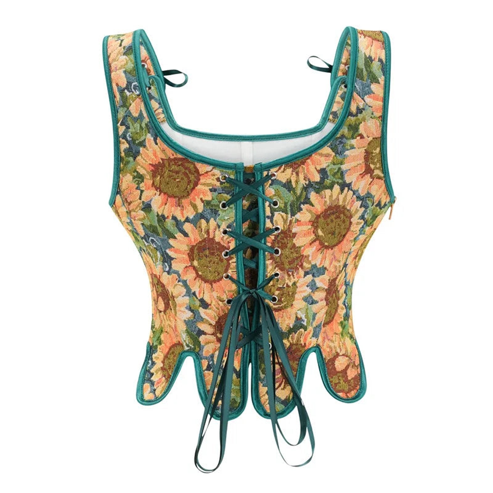 Floral Victorian corset top for women with sunflower print and lace-up design by LuckeLadybug LLC