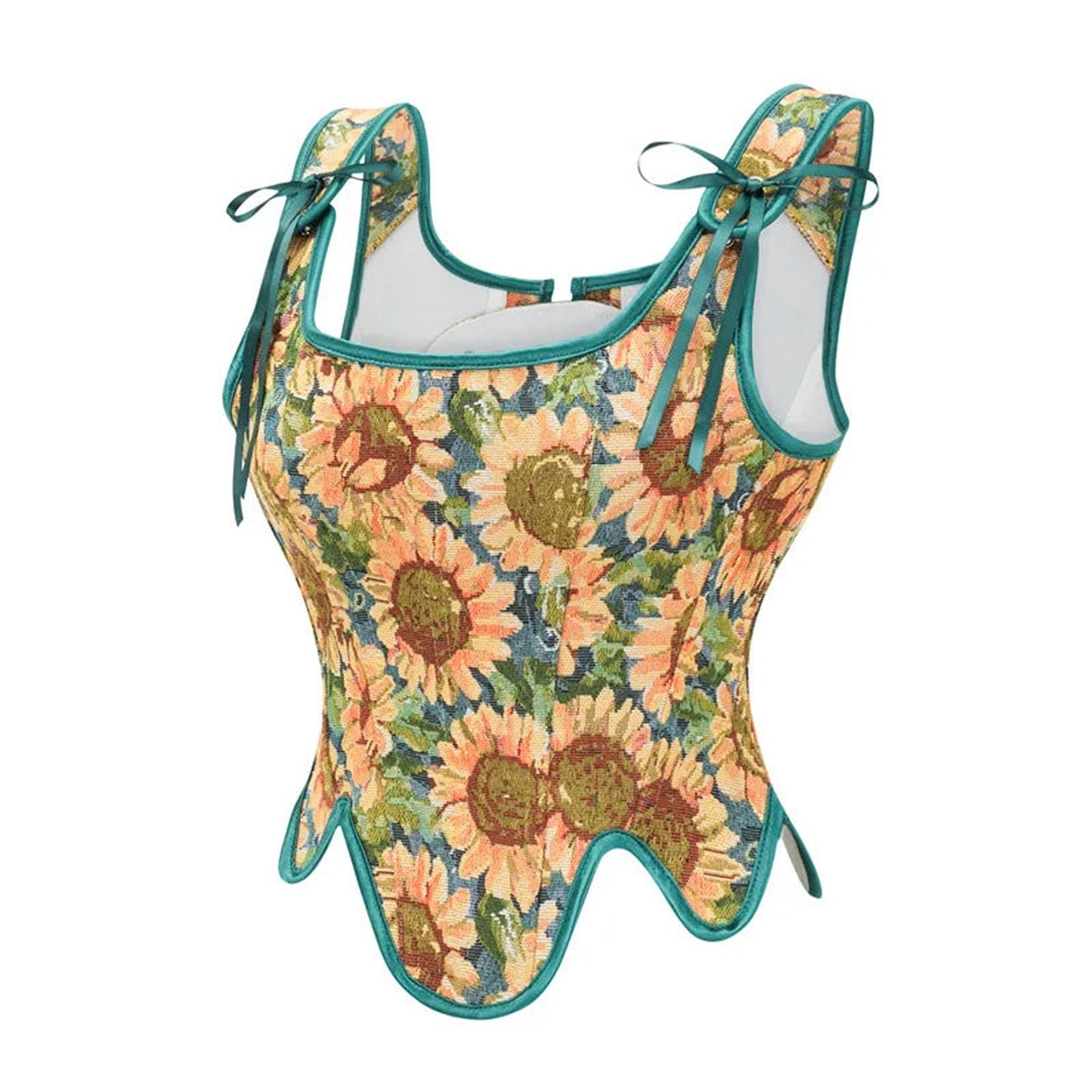 Colorful floral Victorian corset top for women with sunflower pattern and ribbon ties