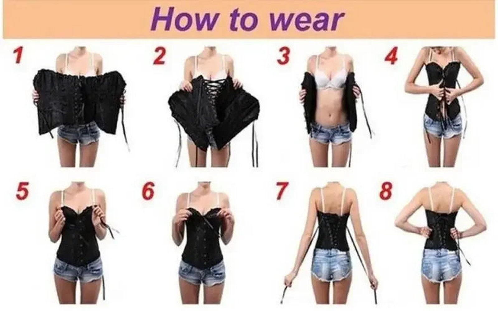 Step-by-step guide for wearing a Victorian corset top for women with images demonstrating each stage