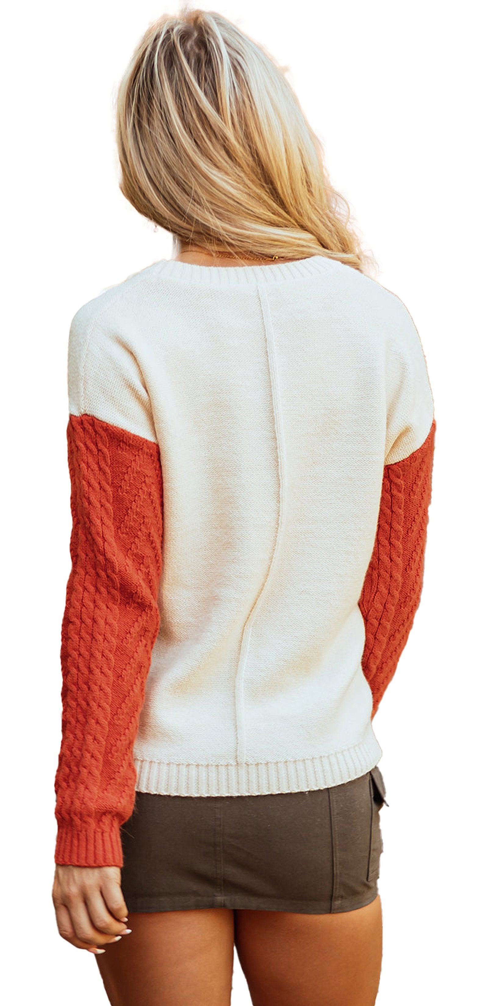 LuckeLadybug vineyard green colorblock sweater with textured red sleeves and neutral body design