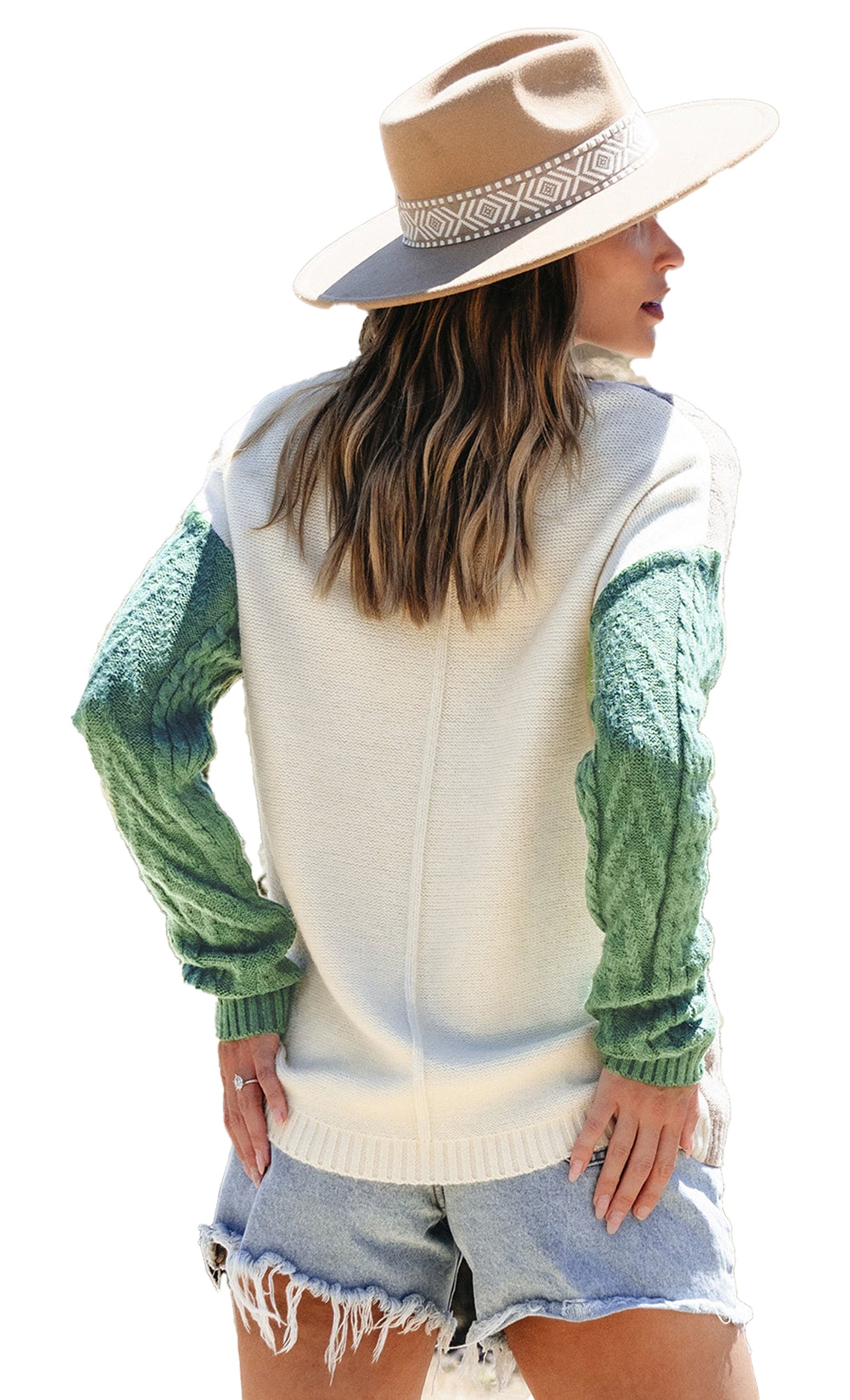 LuckeLadybug vineyard green colorblock sweater with green sleeves and a cream body, styled for a casual look