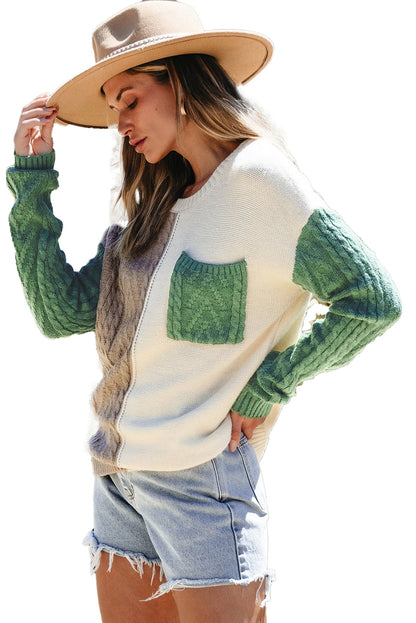 LuckeLadybug vineyard green colorblock sweater featuring textured sleeves and pocket detail