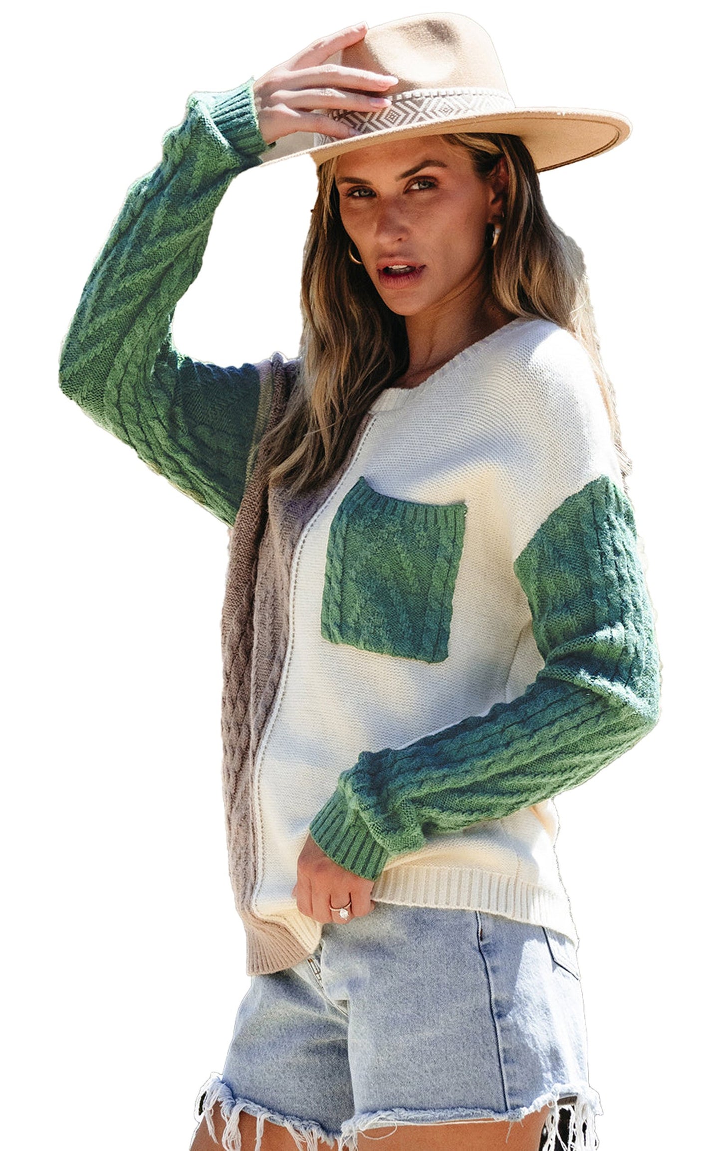 LuckeLadybug vineyard green colorblock sweater with cable knit sleeves and front pocket style