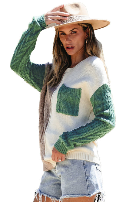 LuckeLadybug vineyard green colorblock sweater with cable knit sleeves and front pocket style