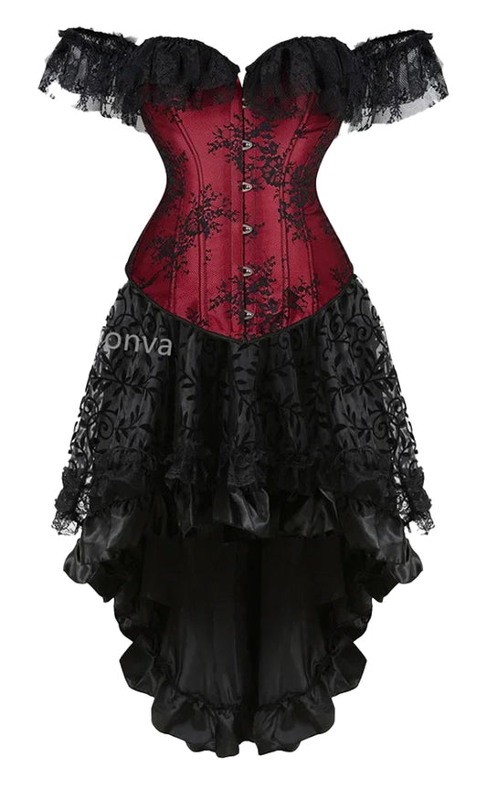 Vintage burlesque corset dress in red and black with lace accents and a flowing skirt