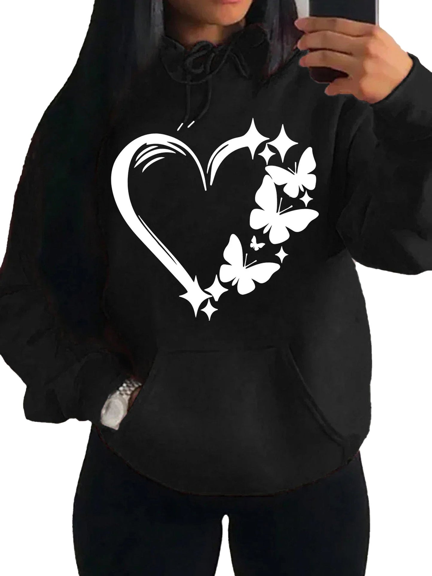 Black vintage butterfly heart hoodie with a stylish butterfly and heart design for a trendy look