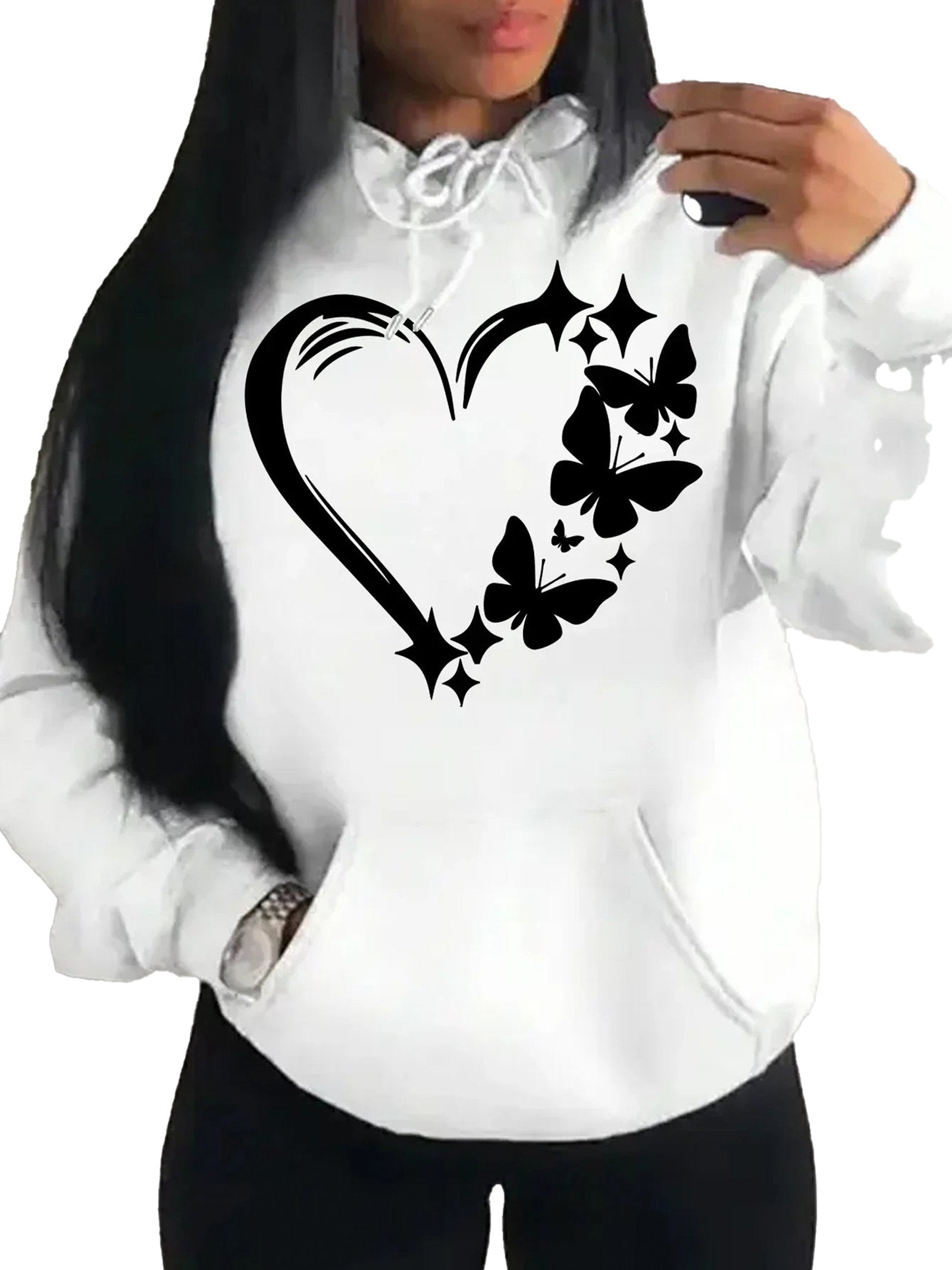 LuckeLadybug LLC Vintage Butterfly Heart Hoodie in white with elegant butterfly heart design