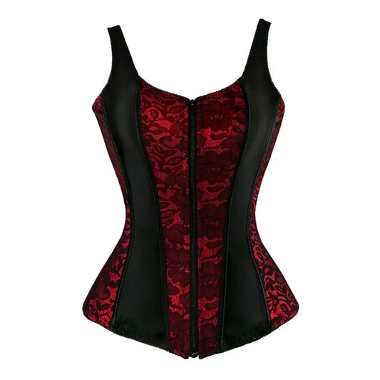 Plus size vintage corset vest for women in red lace with black side panels and zip closure