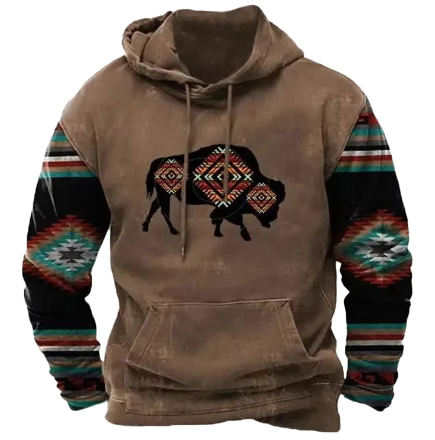 LuckeLadybug LLC vintage cow print hoodie men with unique tribal patterns and a relaxed fit