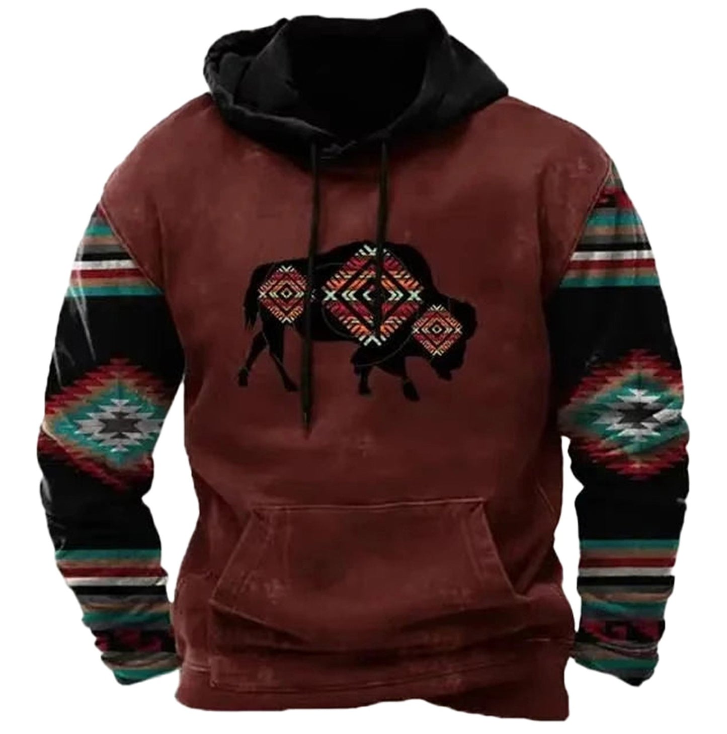 Vintage cow print hoodie men featuring a buffalo design with vibrant tribal patterns on sleeves