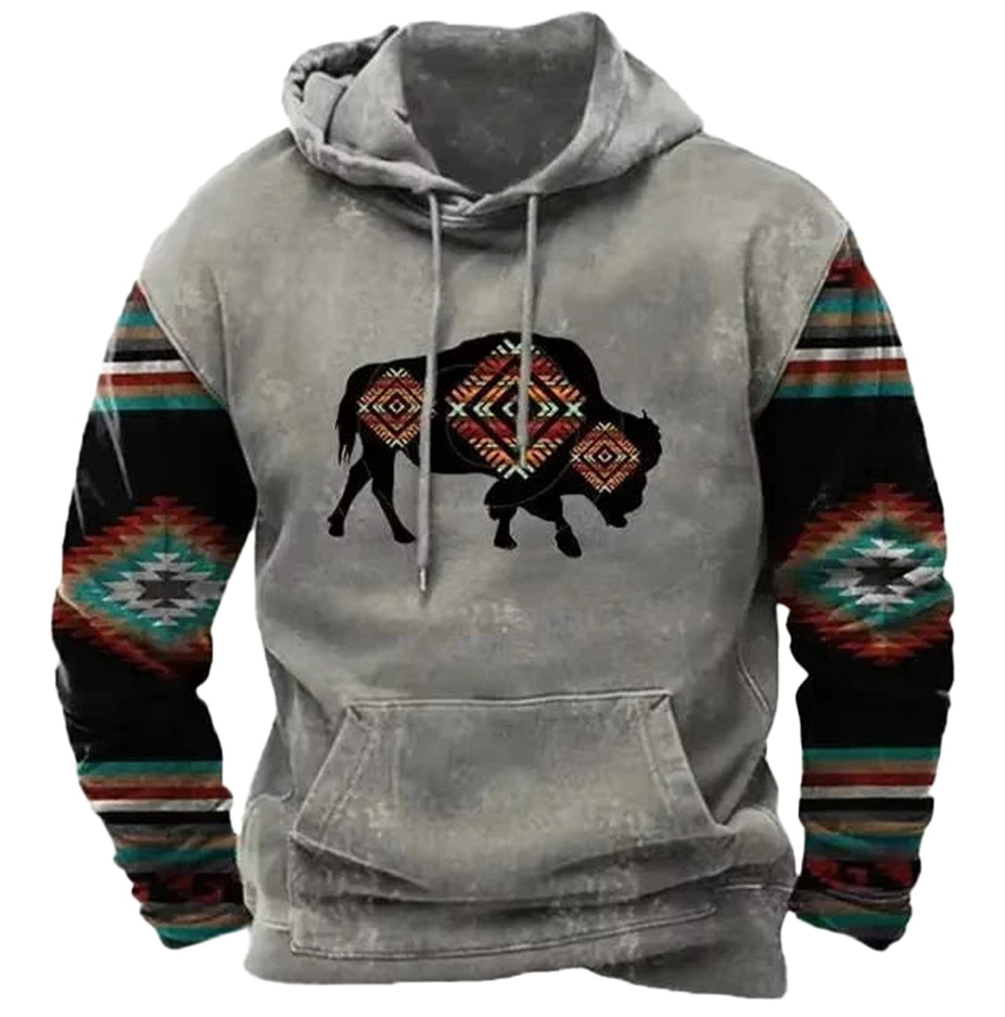 Vintage cow print hoodie men with colorful patterned sleeves and a stylish buffalo graphic