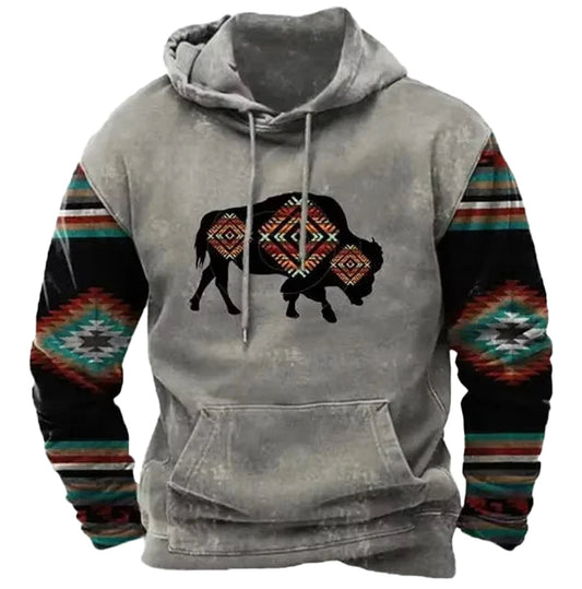 Vintage cow print hoodie men with colorful patterned sleeves and a stylish buffalo graphic