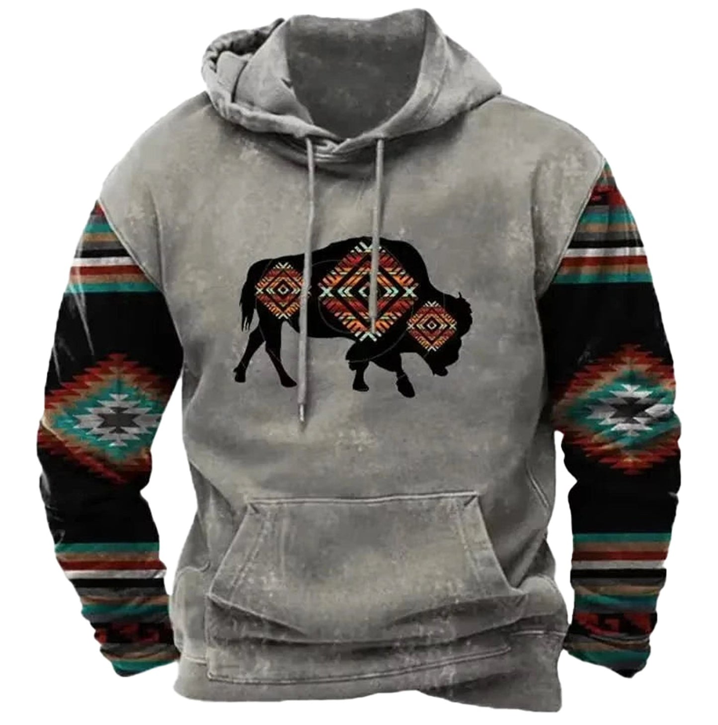 Vintage cow print hoodie men featuring unique design and tribal pattern sleeves for a stylish look