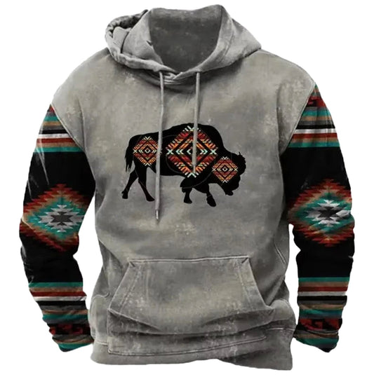 Vintage cow print hoodie men featuring unique design and tribal pattern sleeves for a stylish look