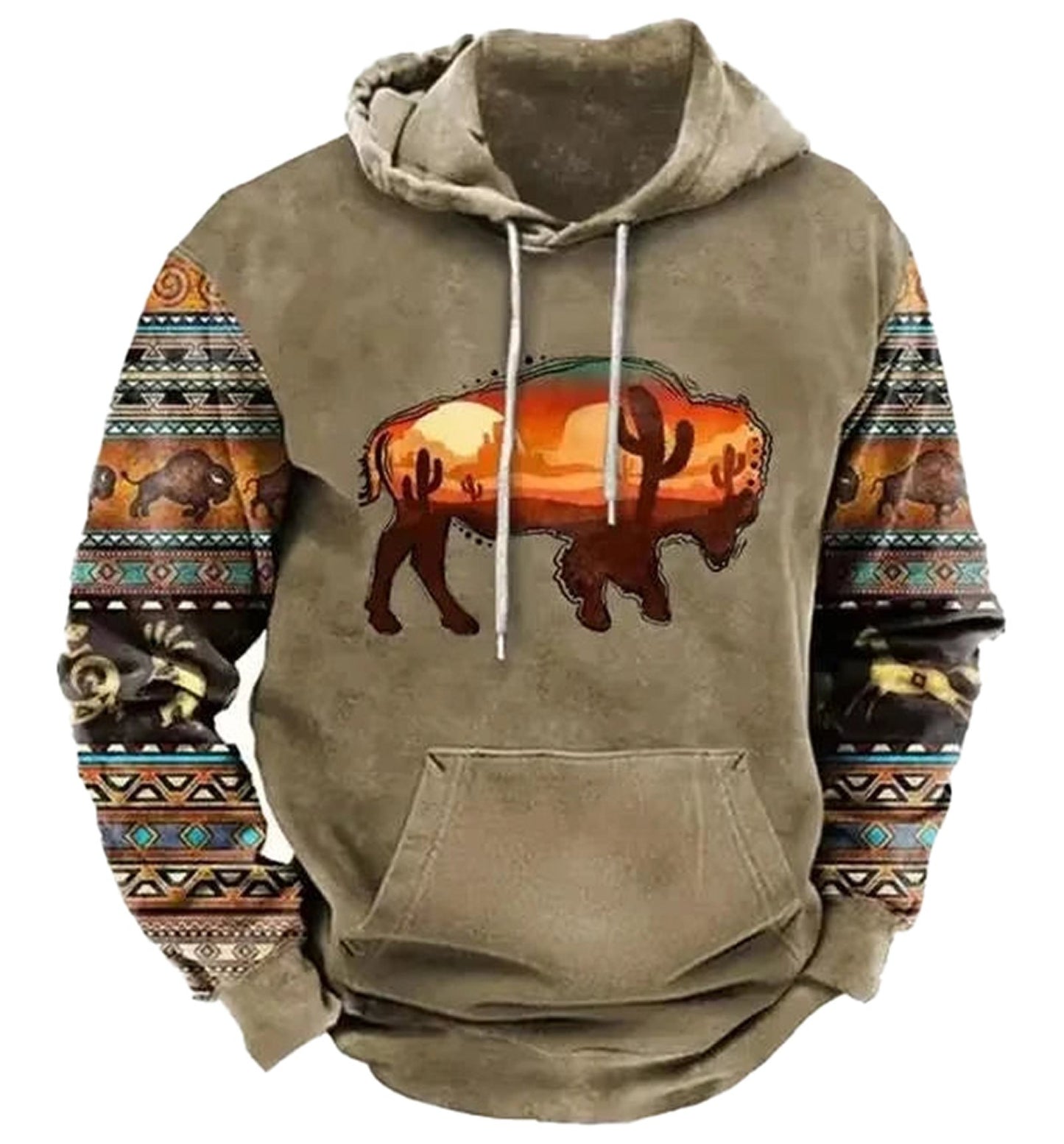LuckeLadybug LLC vintage cow print hoodie men with colorful Southwest patterns and a buffalo design