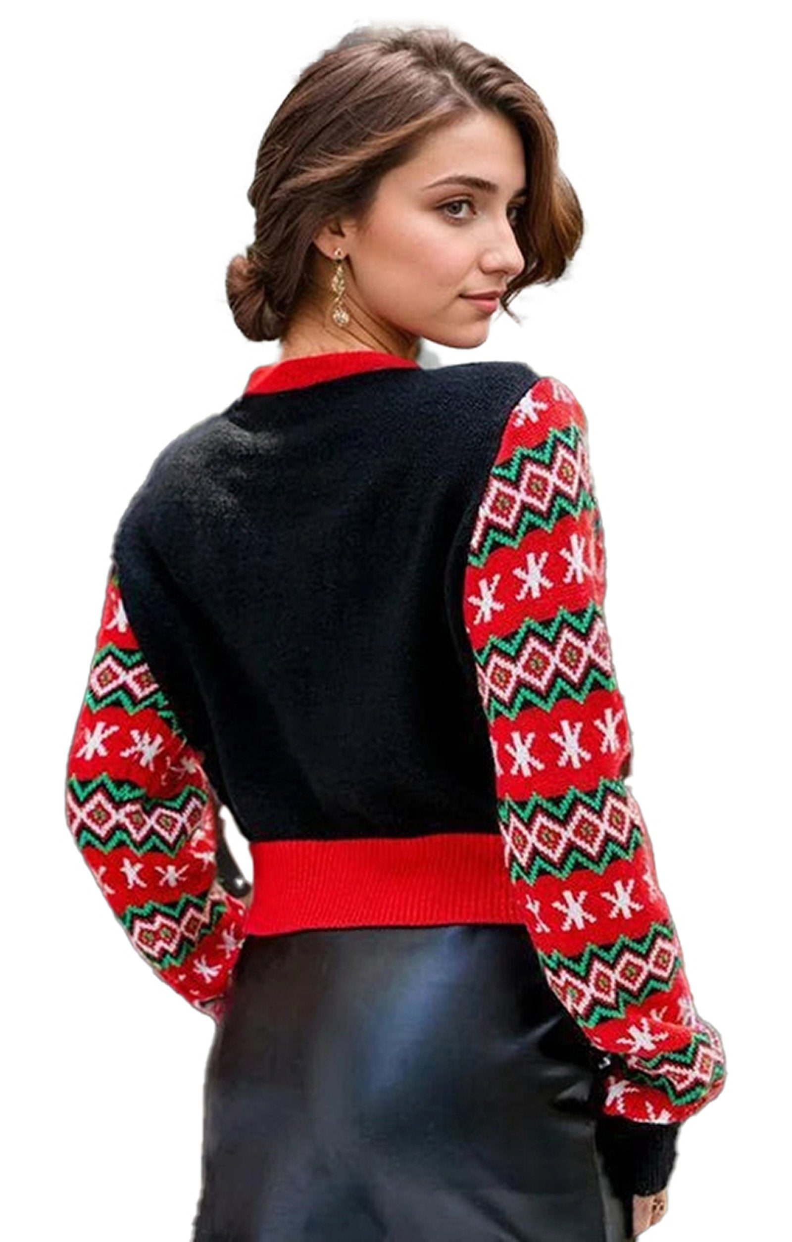 Vintage embroidered Christmas sweater for women with colorful patterned sleeves and fitted design