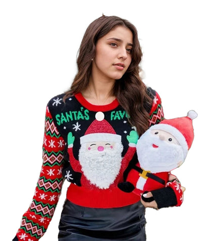 Vintage embroidered Christmas sweater for women featuring Santa with colorful knitted pattern