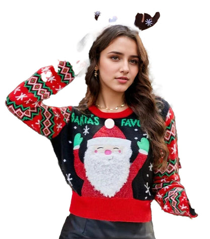 Vintage embroidered Christmas sweater for women featuring a festive Santa design with colorful patterns
