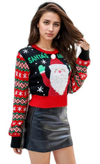 Vintage embroidered Christmas sweater for women featuring Santa and festive patterns in red and black