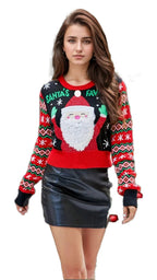 Woman wearing a vintage embroidered Christmas sweater for women featuring Santa and holiday designs