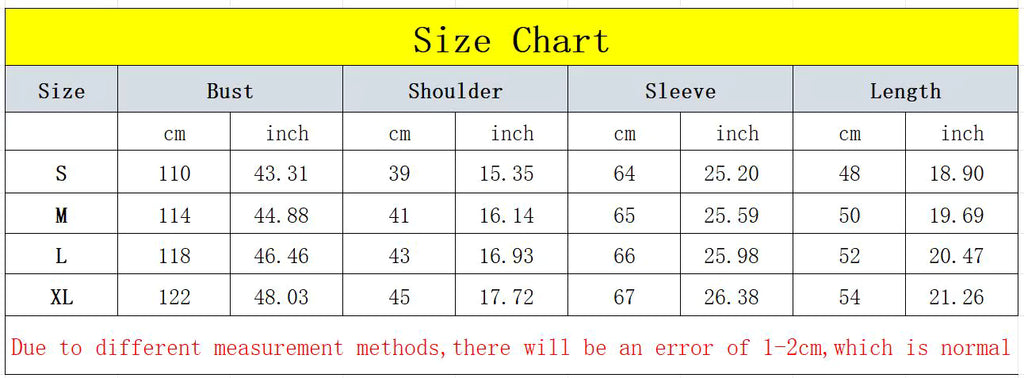 Size chart for vintage embroidered Christmas sweater for women with measurements for S, M, L, and XL