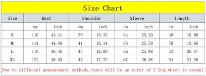 Size chart for vintage embroidered Christmas sweater for women with measurements for S, M, L, and XL