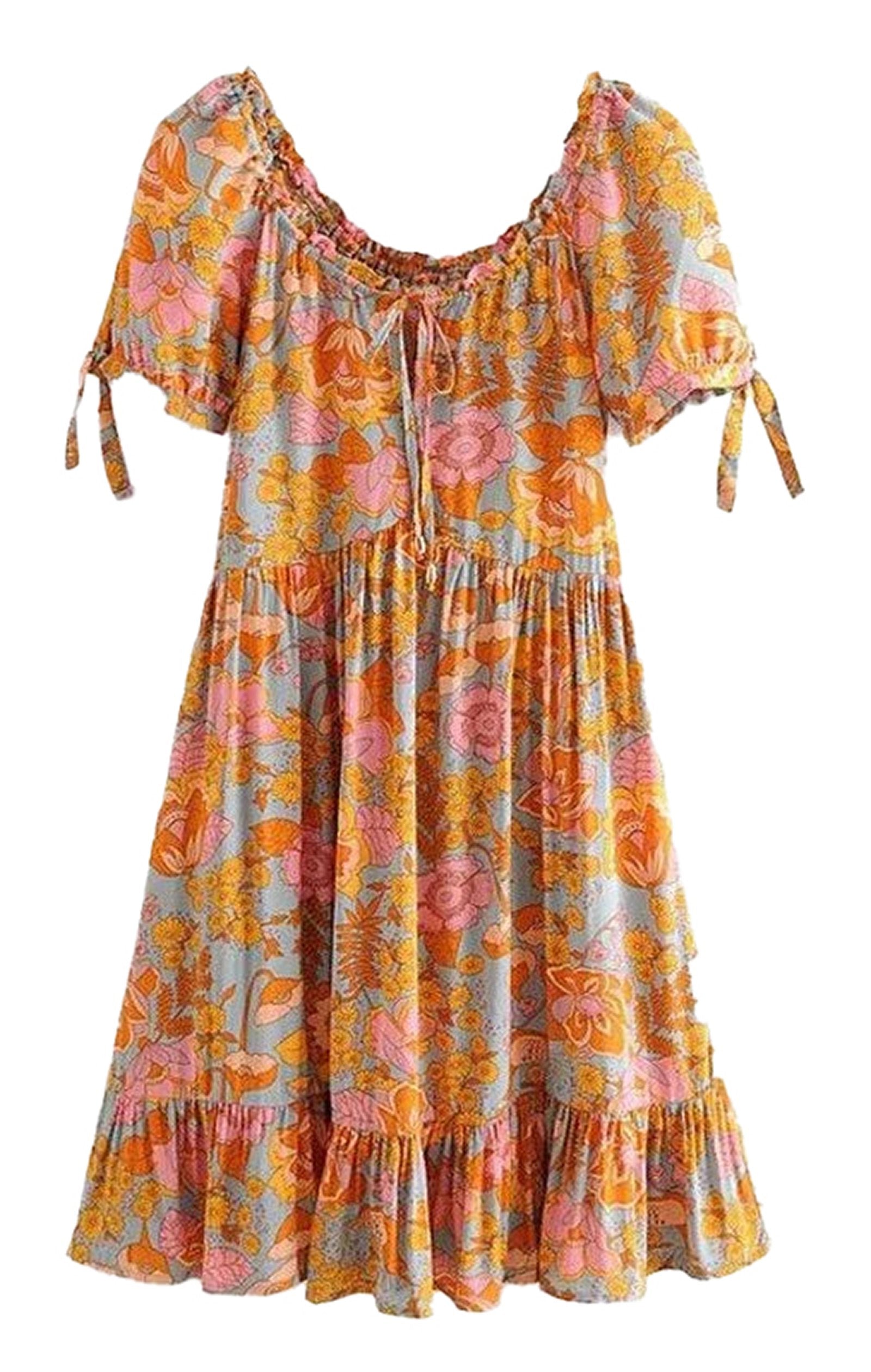 Vintage floral puff sleeve mini dress by LuckeLadybug LLC with colorful floral patterns and feminine design
