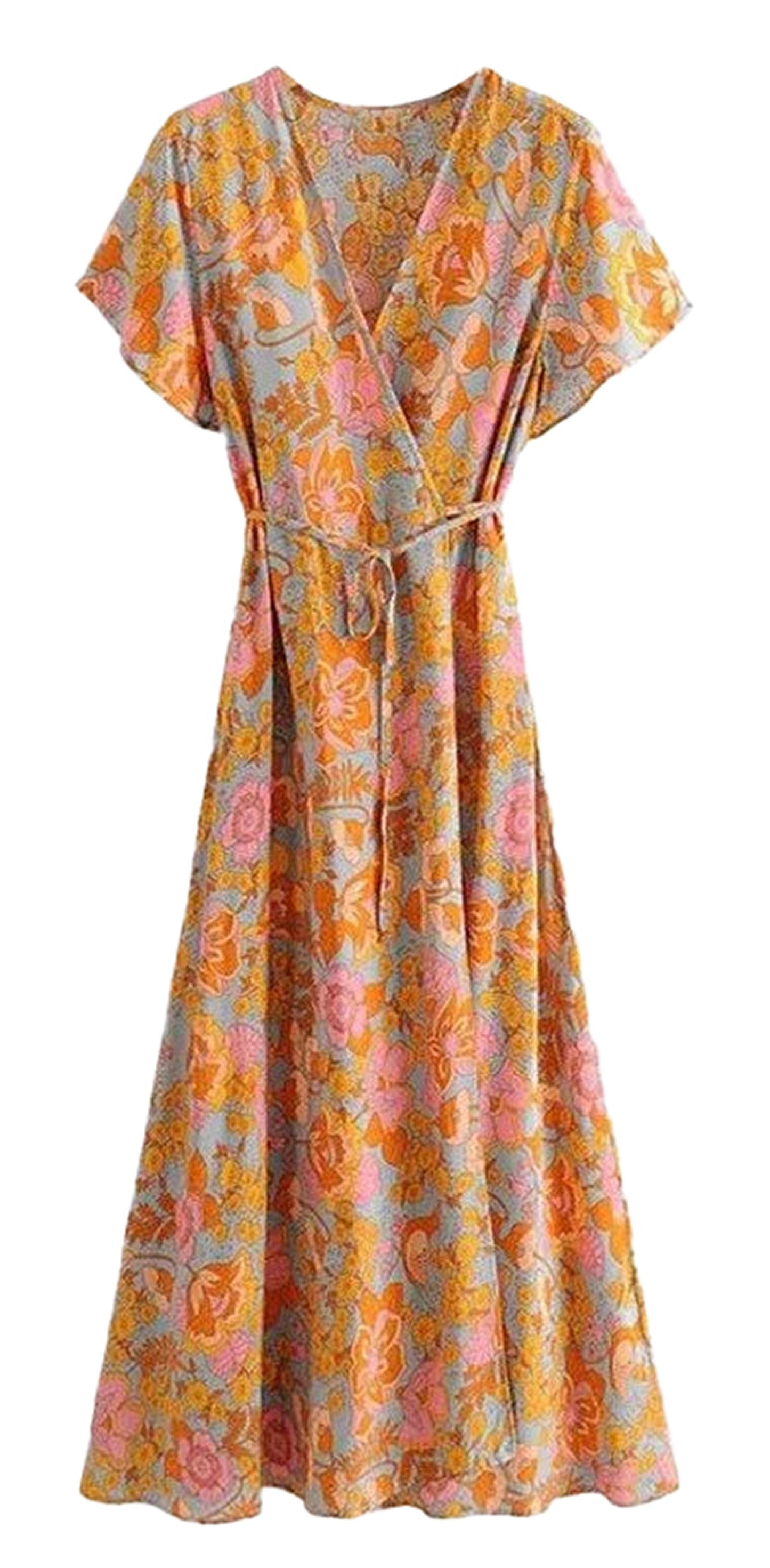 LuckeLadybug LLC vintage floral puff sleeve mini dress in vibrant colors with a flattering wrap style