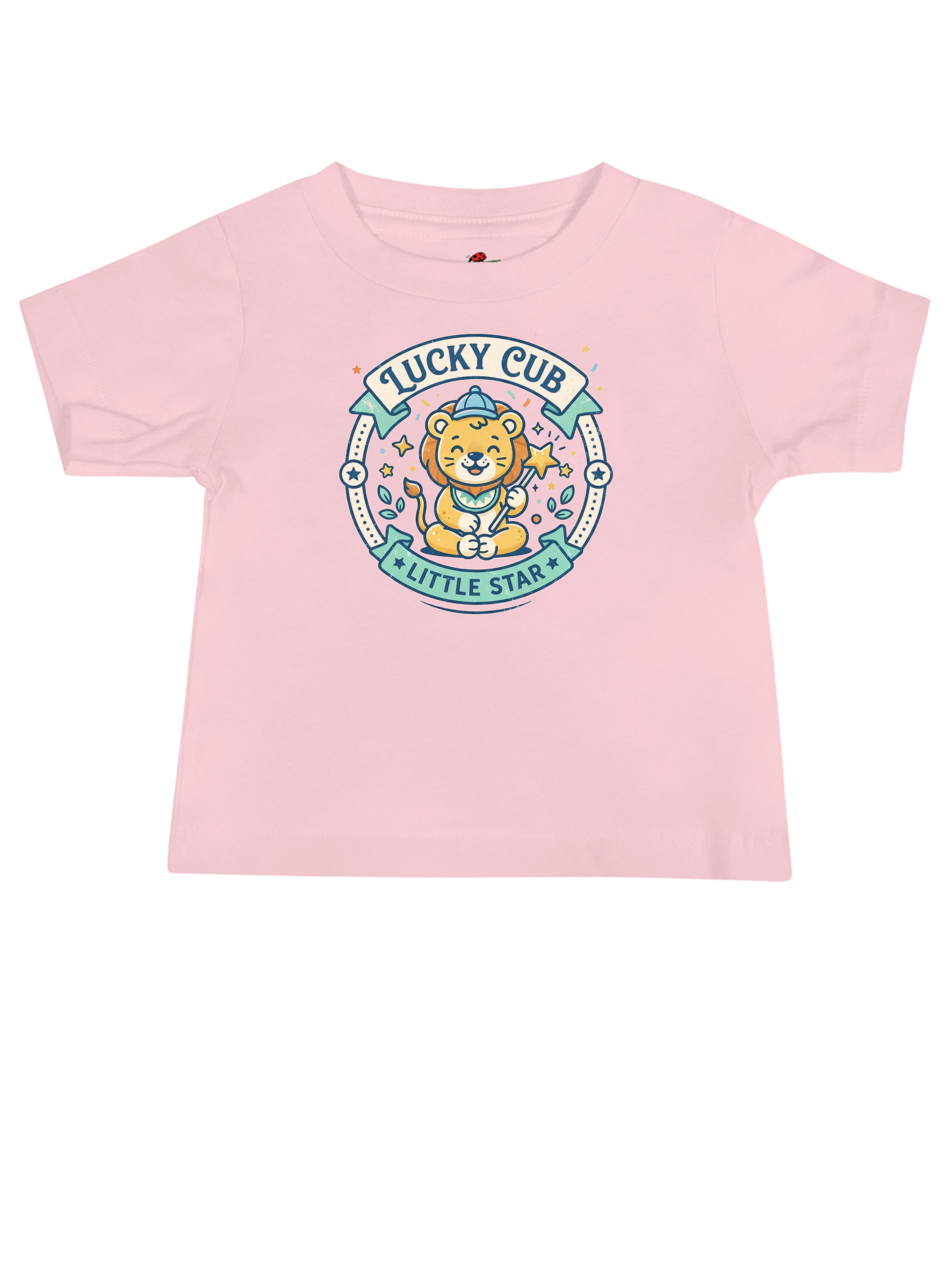 Vintage graphic tee shirt in pink featuring a cute lion cub with the text Lucky Cub Little Star