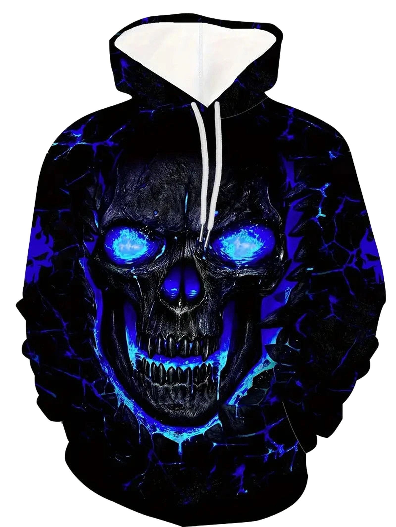 Vintage horror skull hoodie with glowing blue eyes and cracked black design for edgy fashion lovers