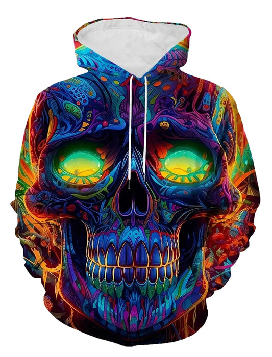 Colorful vintage horror skull hoodie featuring a vibrant skull design with glowing eyes