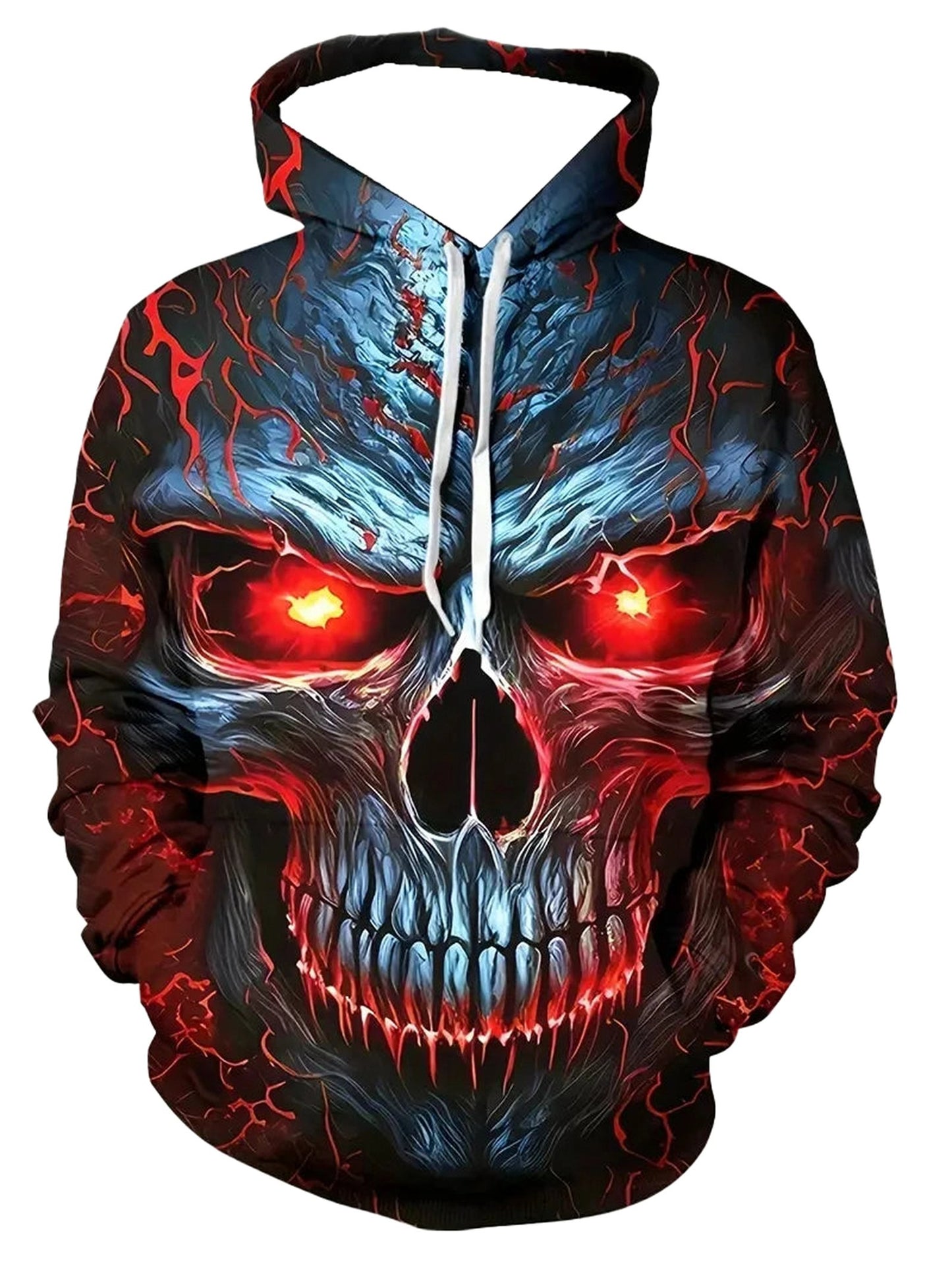 LuckeLadybug vintage horror skull hoodie featuring a glowing skull design with striking red accents
