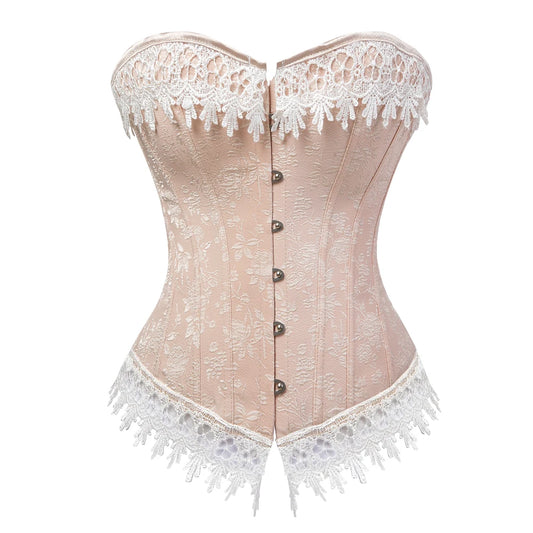LuckeLadybug vintage jacquard overbust corset with lace trim and decorative buttons