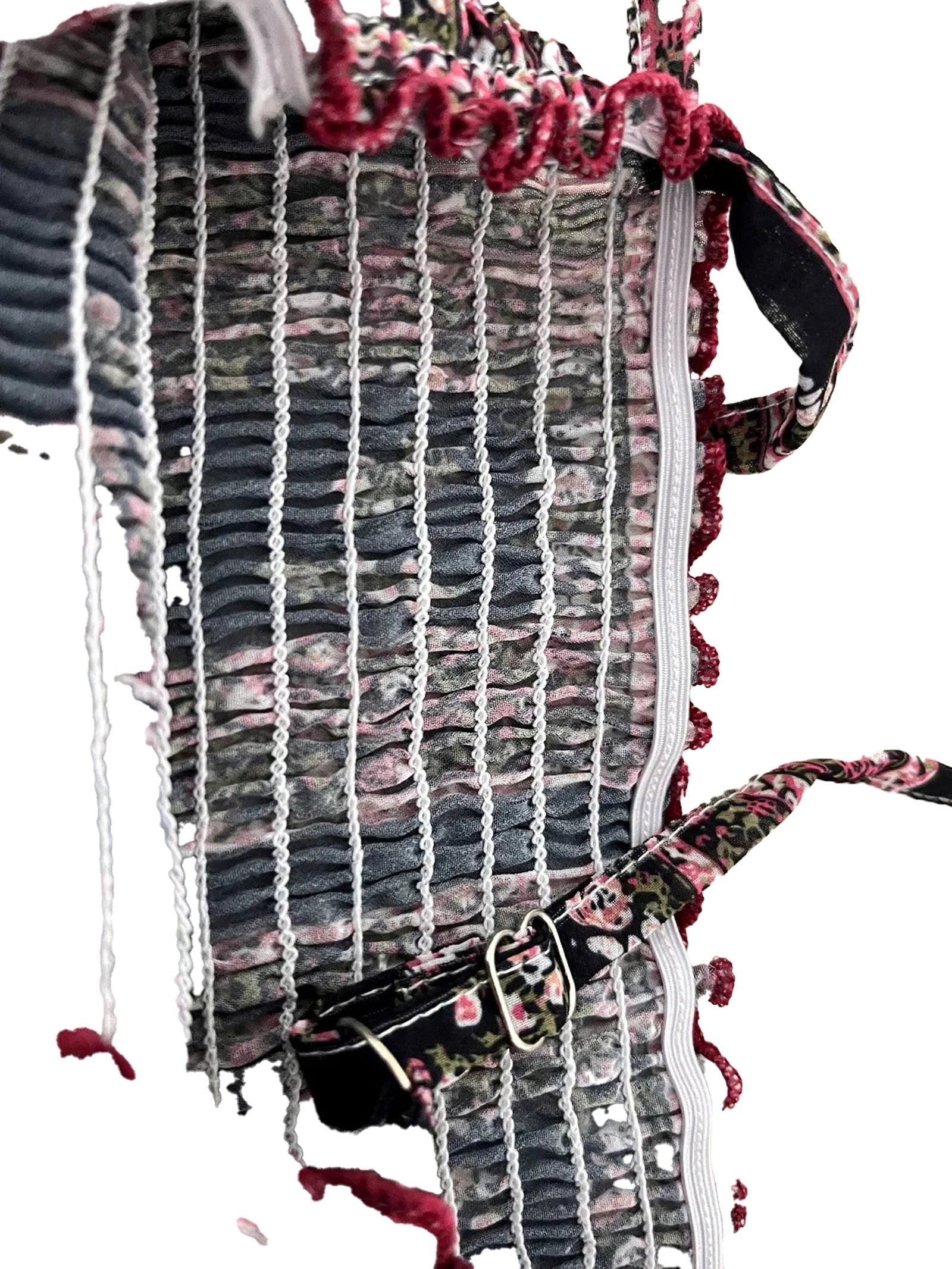 Vintage patchwork mini sundress with textured fabric and delicate floral details from LuckeLadybug LLC