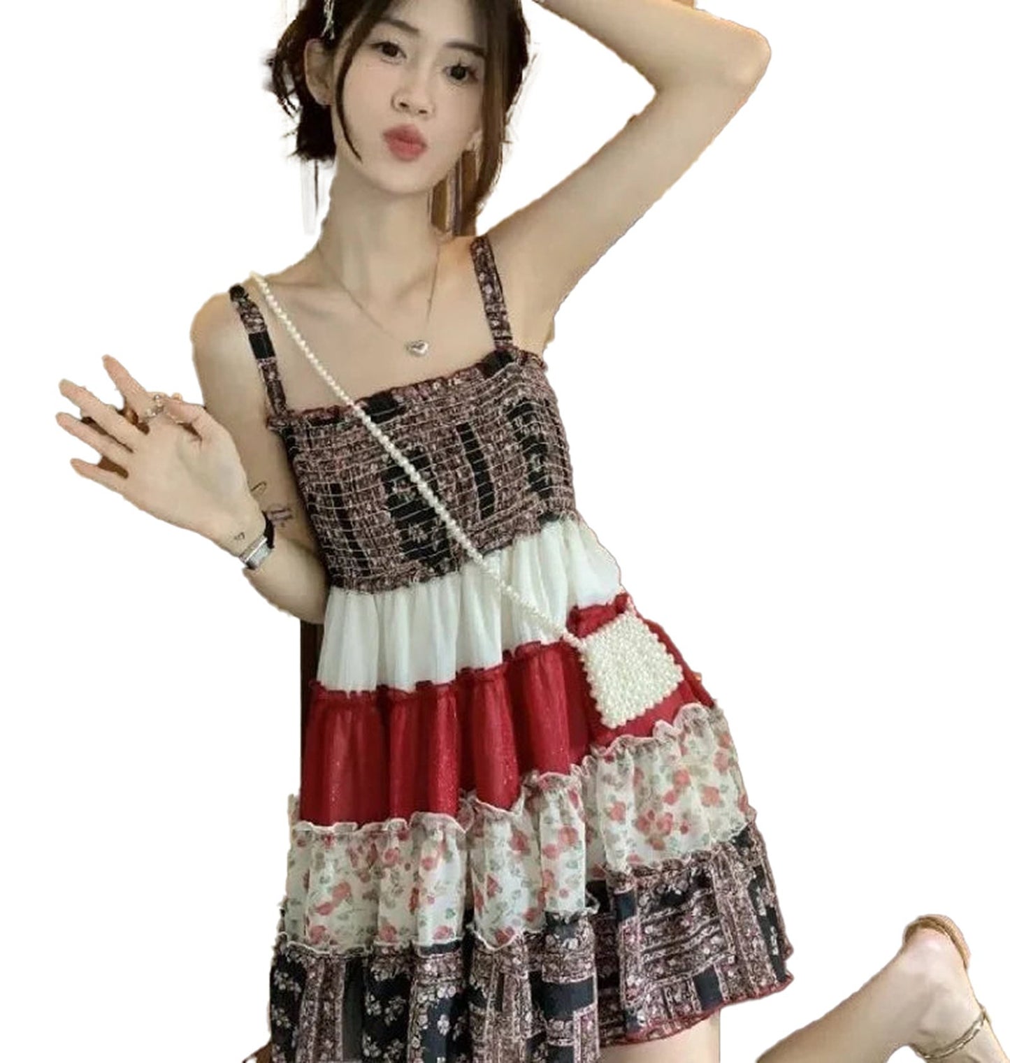 Charming model wearing a vintage patchwork mini sundress with floral patterns and a playful design