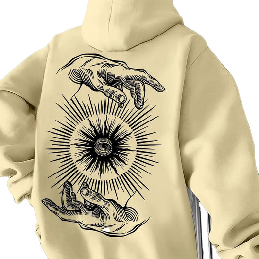 Vintage printed hoodie for men featuring intricate hand and eye design on back