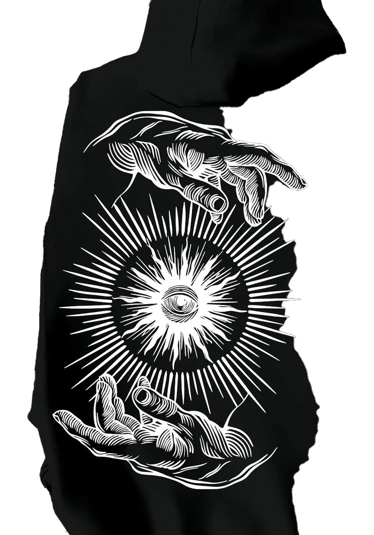 Men's vintage printed hoodie featuring symbolic hands and eye design in black