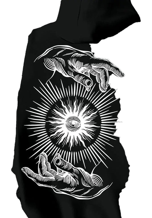 Men's vintage printed hoodie featuring symbolic hands and eye design in black