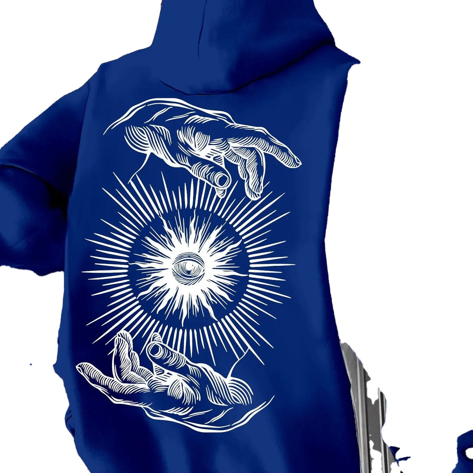 LuckeLadybug vintage printed hoodie for men featuring a unique hands and eye design